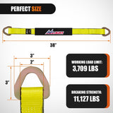 2 Inch x 38 Inch Axle Tie Down Straps with D-Rings & Protective Sleeves | 11,127 LBS Break Strength for Car Haulers Engine Hoists Trucks Trailers and UTVs 4 Pack Yellow