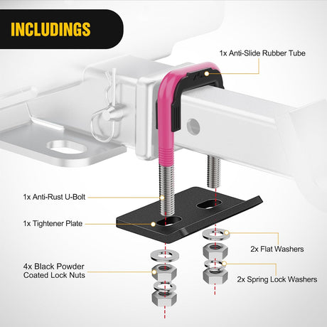 Trailer Hitch Tightener for 2 Inch Trailers Hitches Mount Anti Rattle Heavy Duty Steel with Rubber Cover Hot Pink U Bolt Matte Black Plate Electrophoresis Anti-Rust Triple Protective