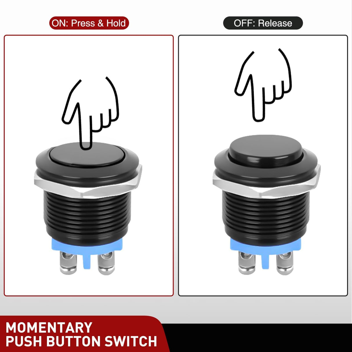 16mm Momentary Push Button Switch 12V Waterproof Black Metal Round Starter Power Switches 2PCS 2 Pin Screw Terminal for Car Truck Horn Boat Marine RV Vehicle