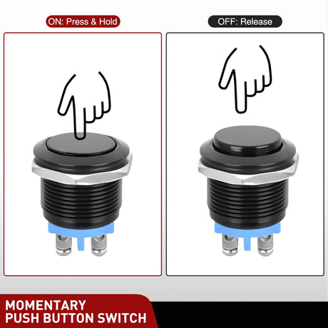 16mm Momentary Push Button Switch 12V Waterproof Black Metal Round Starter Power Switches 2PCS 2 Pin Screw Terminal for Car Truck Horn Boat Marine RV Vehicle