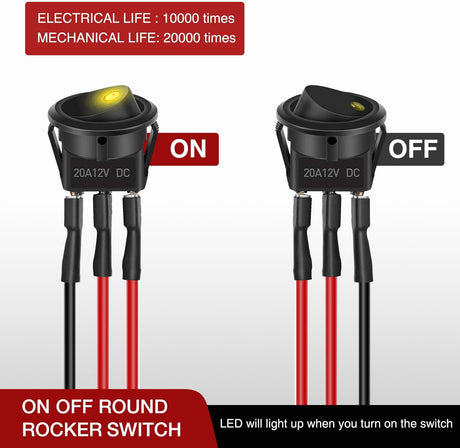 8PCS Round Rocker Switches 12V 24V 20A Yellow LED Toggle swtiches SPST with 16AWG Presoldered Wires 3Pin 2Position for Car Truck Vehicle Boat Marine Rocker On Off Control
