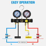 A/C Manifold Gauge Set Fits for R134a R410A R22 R404A 4-Way Auto HVAC Diagnostic Gauges Refrigerant Recharge kit with Adjustable Couplers 5FT Hoses Universal Can Tap