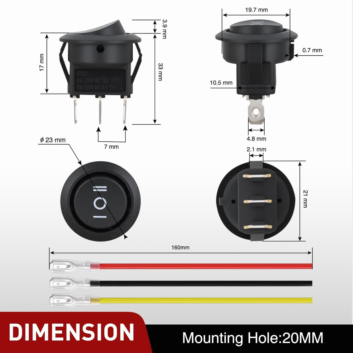 8PCS 3 Way Round Rocker Switch with Wiring Harness SPDT 3 Pin ON Off ON Toggle 6A/250V 10A/125VAC 12V for Car Automotive RV Truck Boat Off-Road Vehicle