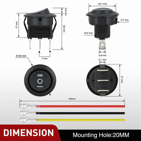8PCS 3 Way Round Rocker Switch with Wiring Harness SPDT 3 Pin ON Off ON Toggle 6A/250V 10A/125VAC 12V for Car Automotive RV Truck Boat Off-Road Vehicle