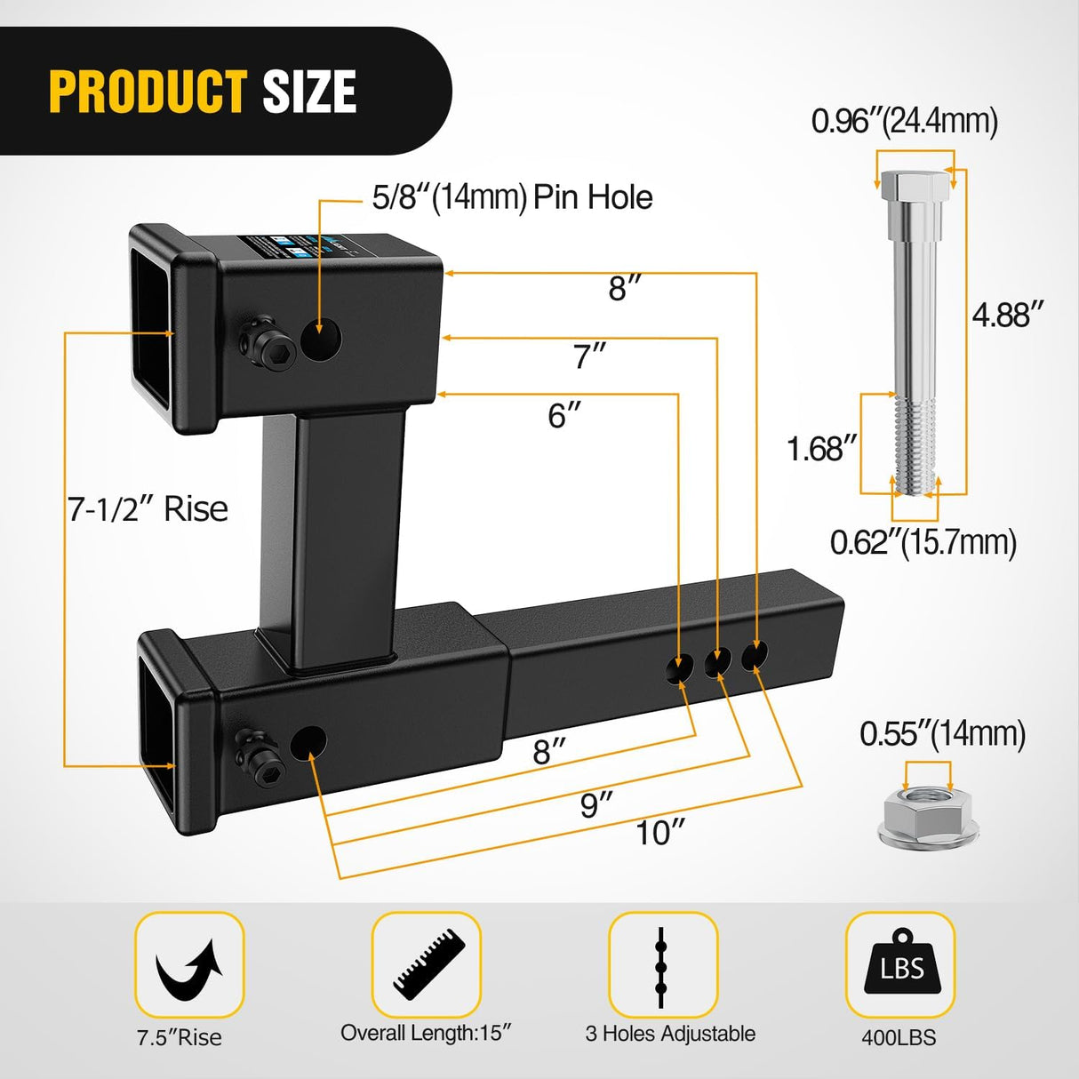 Dual Hitch Extender to 10 Inch Max Extension Length with Hitchs Tightener Anti Rattle for 2 Inch Receiver with 5/8 Inch Bolt Nut Clip Adjust 7-1/2 Inch Riser or Drop 4,000 lbs GTW Matte Black