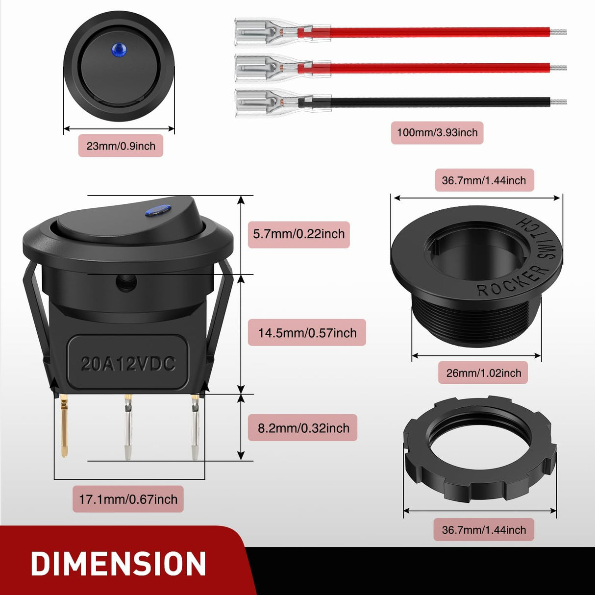1PC Round Rocker Switch with Shell 12V 24V 20A Blue LED Toggle swtich with 16AWG Wires SPST 3Pin 2 Position for Car Truck Vehicle Boat Marine Rocker On Off Control