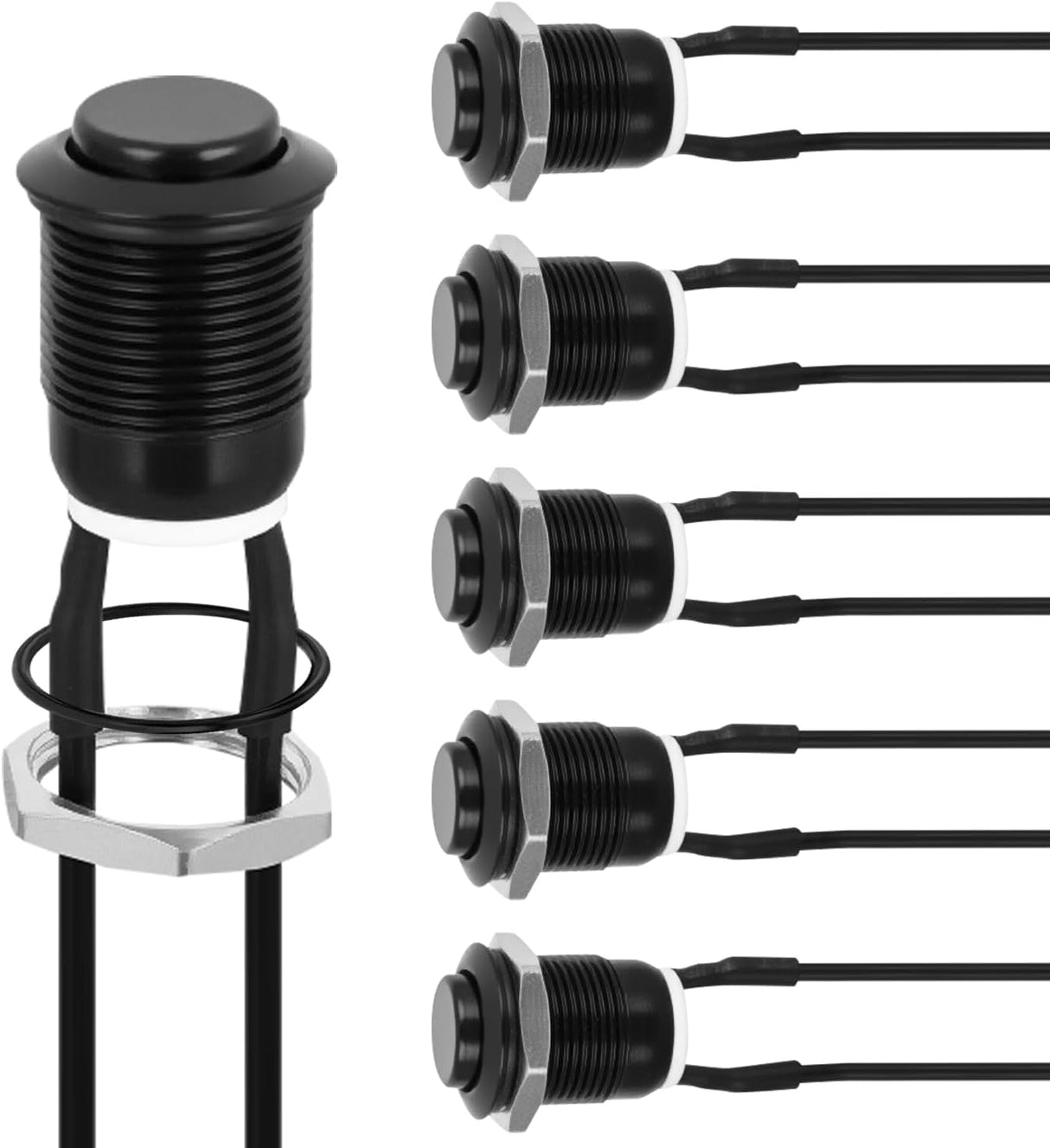 12mm Momentary Push Button Switch 6PCS with Pre Wired Harness 12V Waterproof Black Metal Small Round Power Push Button Switches 2 Pin for Car Automotive Truck Boat Marine Off-Road Vehicle
