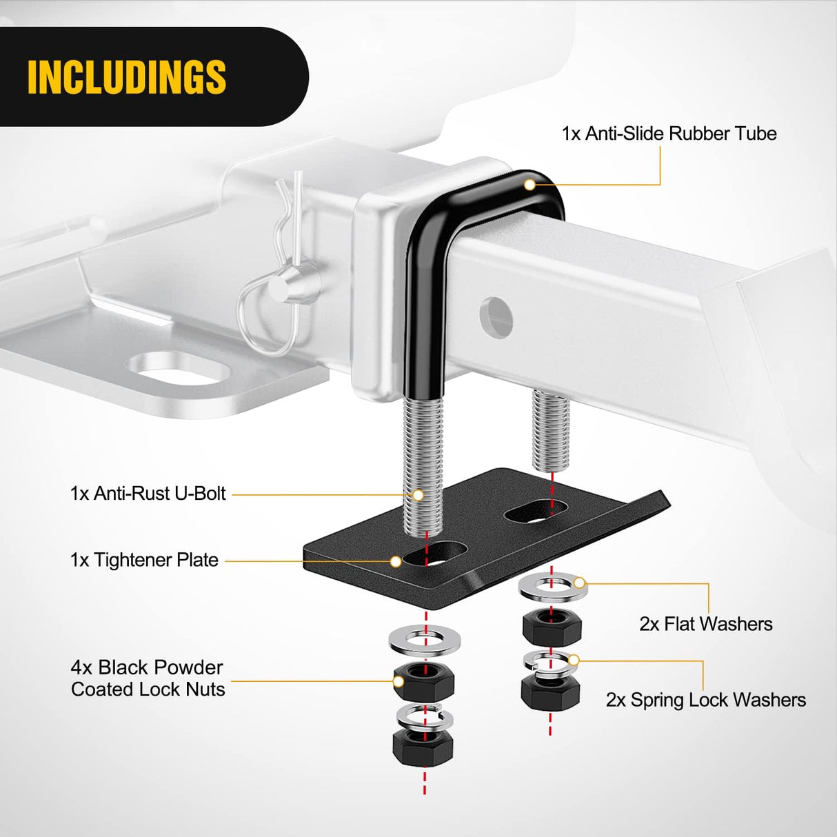 Trailer Hitch Extender 7 Inch Extension Length with Hitchs Tightener Anti Rattle Stabilizer for 2 Inch Receiver with 5/8 Inch Bolt Nut Clip 3,500 lbs GTW Matte Black