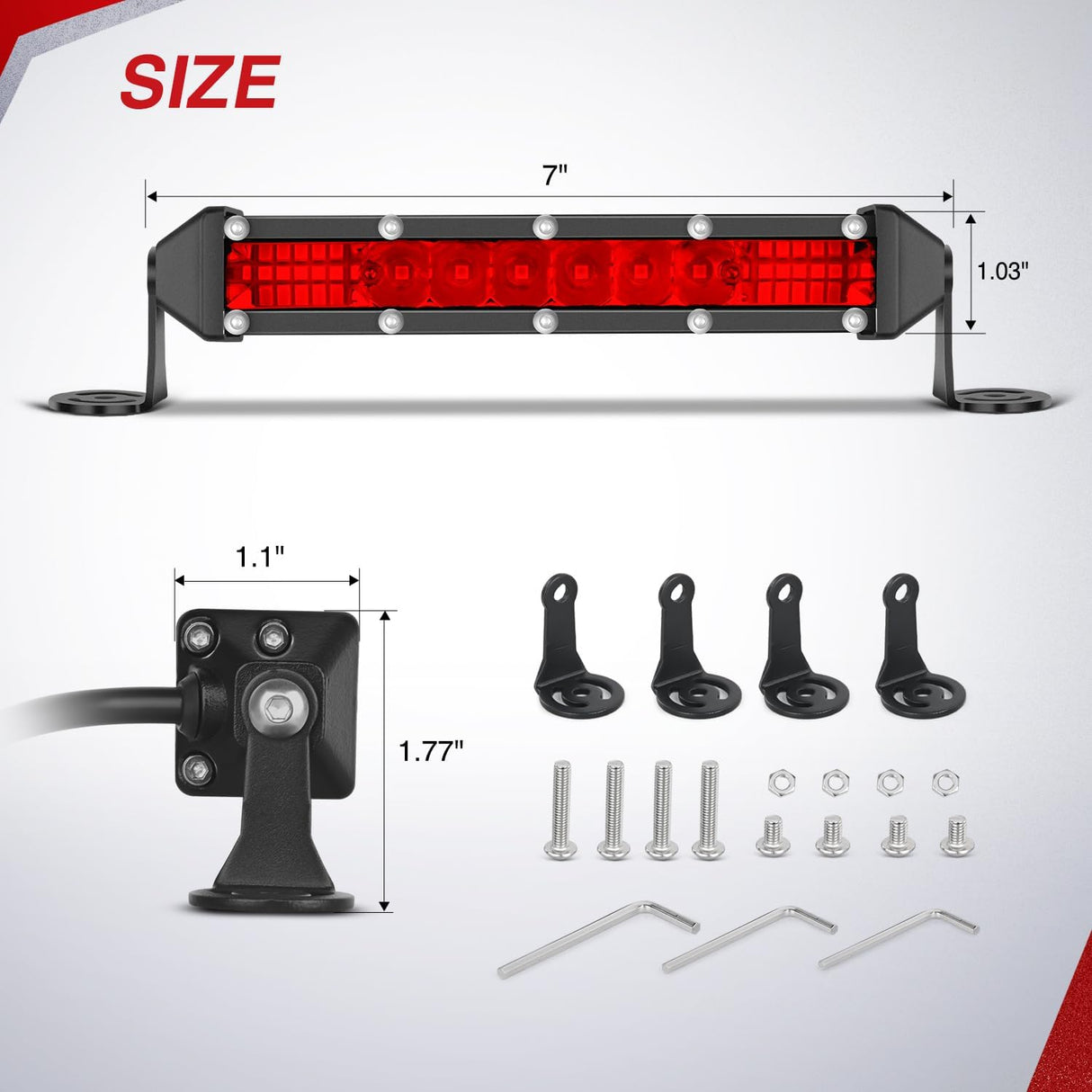 Slim LED Light Bar 2Pcs 7 Inch 16LED Single Row Spot Flood Combo Red Off Road Driving Fog Fishing Hunting Emergency Safety Signal Lighting for 12V 24V ATV UTV Pickup Truck Boat Forklift