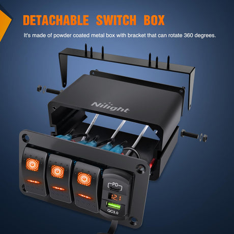 3 Gang Rocker Switch Box 12V SPST ON Off Toggle Switches PD Type C and QC 3.0 USB Sockcet Voltmeter LED Light Waterproof Aluminum Mount Bracket Panel DIY Stickers for Boat Car RV Truck