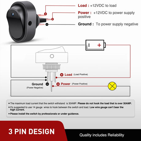 5PCS LED Lighted Rocker Switch 12V Blue LED Illuminated ON Off Toggle 30A 3Pin SPST Oval Shaped 12mm Hole for Automotive Car Truck RV Motorcycles Marine Boats