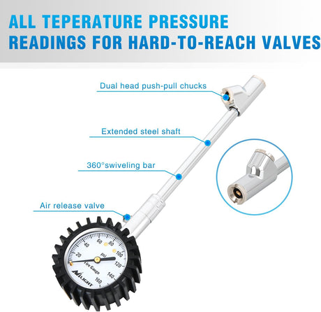 Tire Pressure Gauge 160PSI Heavy Duty Stainless Steel Dual Head Air Pressure Chucks ANSI B40.1 Certified Large 2 Inch Dial Wheel Checker for Truck Semi Truck ATV Motorhome Cars & RV Accessories