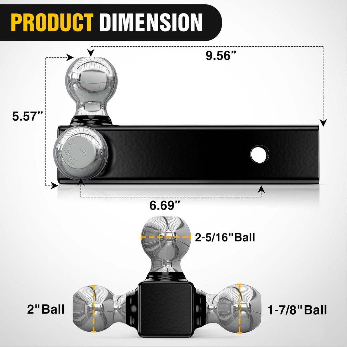 Multi-Ball Trailer Hitch Ball Mount, 1-7/8, 2, 2-5/16-Inch Balls, Triple Ball Mount fits 2-1/2-Inch Hitch Receiver, Chrome Plating