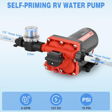 RV Water Pump 12v Diaphragm Pump 6.0 GPM 70 PSI with Pressure Switch & Strainer 12 Volt DC Heavy Duty Camper RV Pump Upgrade Self-Priming Low Noice for RV Marine Yacht Caravan Camper Trailer