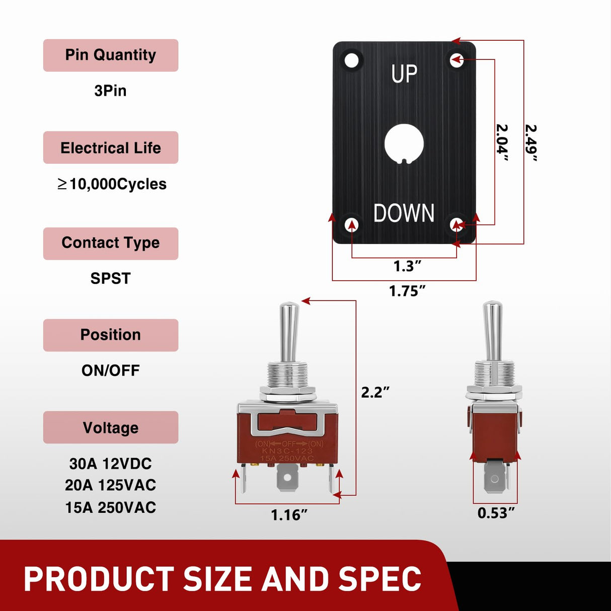 Heavy Duty Momentary Toggle Switch Waterproof 3 Pin 3 Position (ON)-Off-(ON) SPDT 12V DC 30A with Up-Down Mounting Panel and Weatherproof Cap Cover for Auto Car Marine Boat Automotive