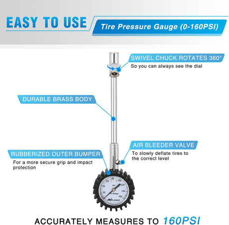 Tire Pressure Gauge 160PSI Heavy Duty Stainless Steel Dual Head Air Pressure Chucks ANSI B40.1 Certified Large 2 Inch Dial Wheel Checker for Truck Semi Truck ATV Motorhome Cars & RV Accessories