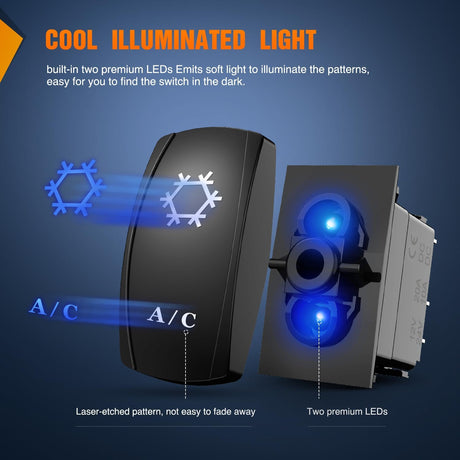 A/C Rocker Switch Led Light Bar 5 Pin Laser On Off SPST Switches 20A/12V 10A/24V Blue with Jumper Wires Set for Cars Trucks Boats ATVs UTVs RVs