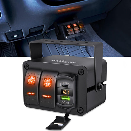 2 Gang Rocker Switch Box 12V SPST ON Off Toggle Switches PD Type C and QC 3.0 USB Sockcet Voltmeter LED Light Waterproof Aluminum Mount Bracket Panel DIY Stickers for Boat Car RV Truck