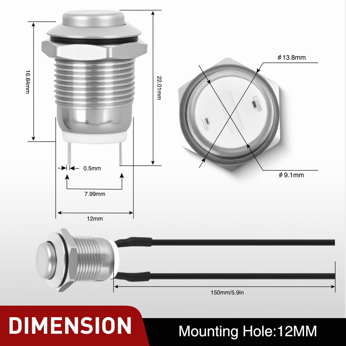 12mm Momentary Push Button Switch 6PCS with Pre Wired Harness 12V Waterproof Stainless Steel Small Round Power Push Button Switches 2 Pin for Car Automotive Truck Boat Marine Off-Road Vehicle