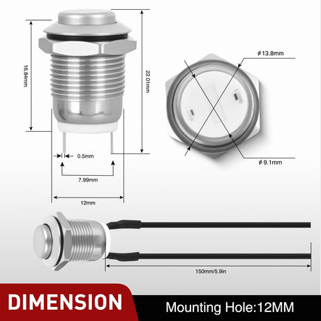 12mm Momentary Push Button Switch 6PCS with Pre Wired Harness 12V Waterproof Stainless Steel Small Round Power Push Button Switches 2 Pin for Car Automotive Truck Boat Marine Off-Road Vehicle