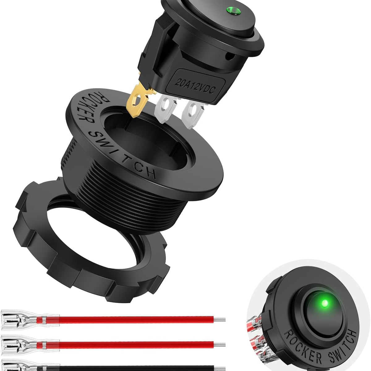 1PC Round Rocker Switch with Shell 12V 24V 20A Green LED Toggle swtich ...