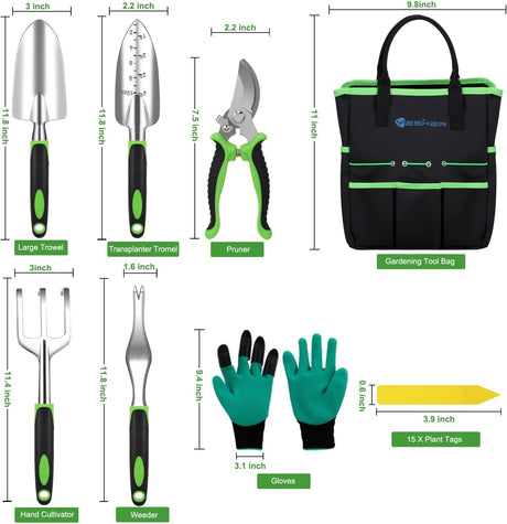 Gardening Tools 22-Piece Heavy Duty Garden Tool Set Gardening Supplies Gifts for Women Men Gardening Hand Tool Kit with Non-Slip Ergonomic Handle, Garden Bag, Gloves, 15 Plant Tags, Black Green