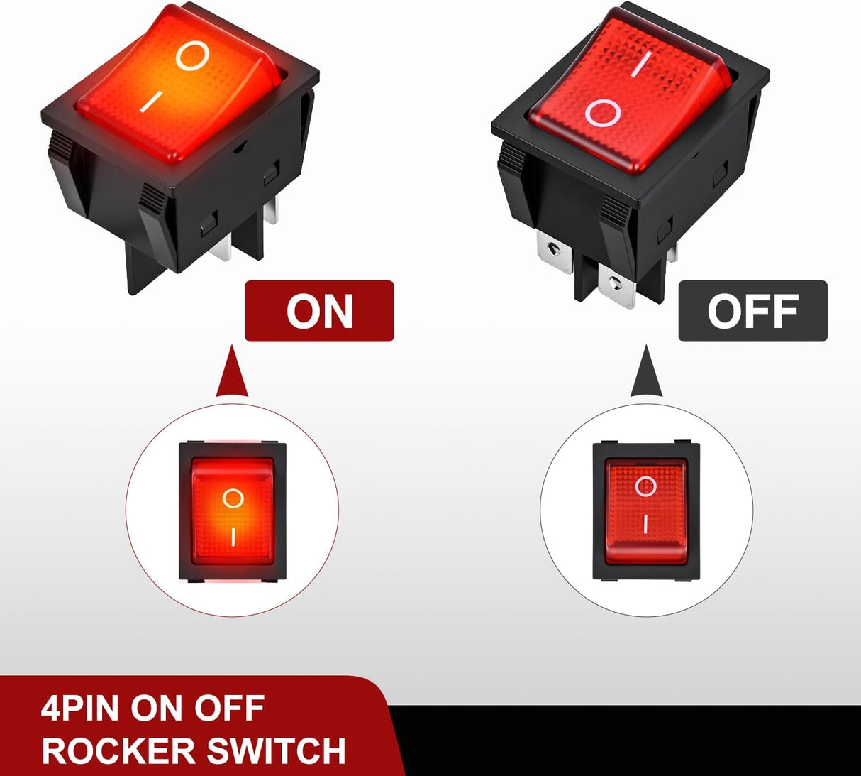 12V 24V Rocker Switches Red LED Lighted 4 Pin 2 Position ON Off Toggle Switch 5PCS KCD4 DPST for Car Automotive Truck Boat Marine Off-Road Vehicle