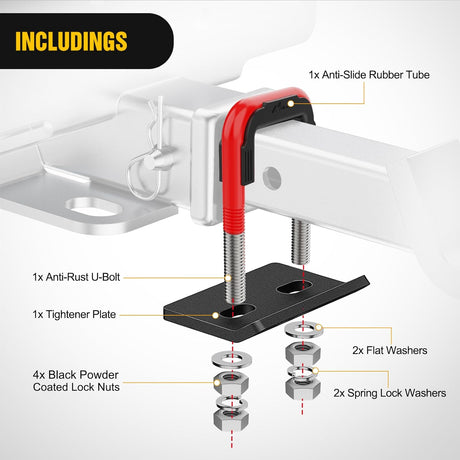 Trailer Hitch Tightener for 2 Inch Hitches Mount Anti Rattle Heavy Duty Steel with Rubber Cover Red U Bolt Matte Black Plate Electrophoresis Anti-Rust Triple Protective