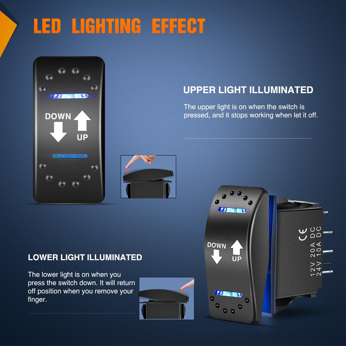 Down Up Polarity Reverse Blue LED Switch DPDT 20A 12V 24V 7PIN Momentary Rocker ON Off ON Toggle with Jumper Wires and Adaptor for Control Motor for Hoist Crane Linear Actuator