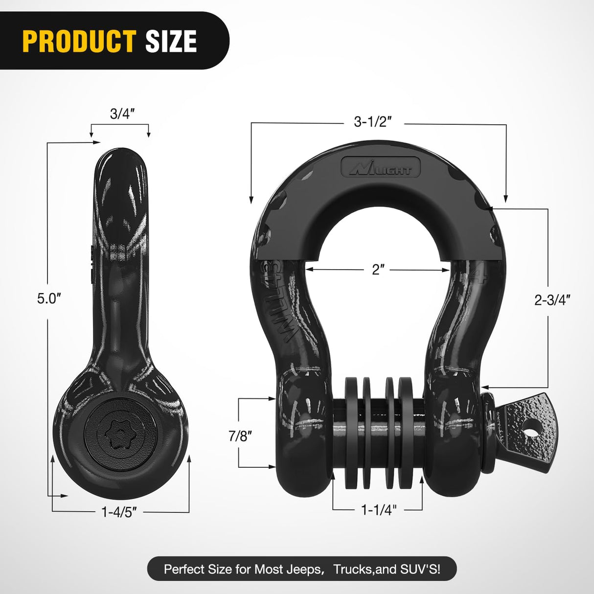 3/4 Inch D Ring Anti-Theft Shackle Tow Hook Jeep Truck SUV ATV UTV | Off Road Recovery Gear 19T 41,887 lbs Break Strength 4.75T WLL Rust-Resistant Anti-Rattle Isolators Heavy Duty Black 2pack