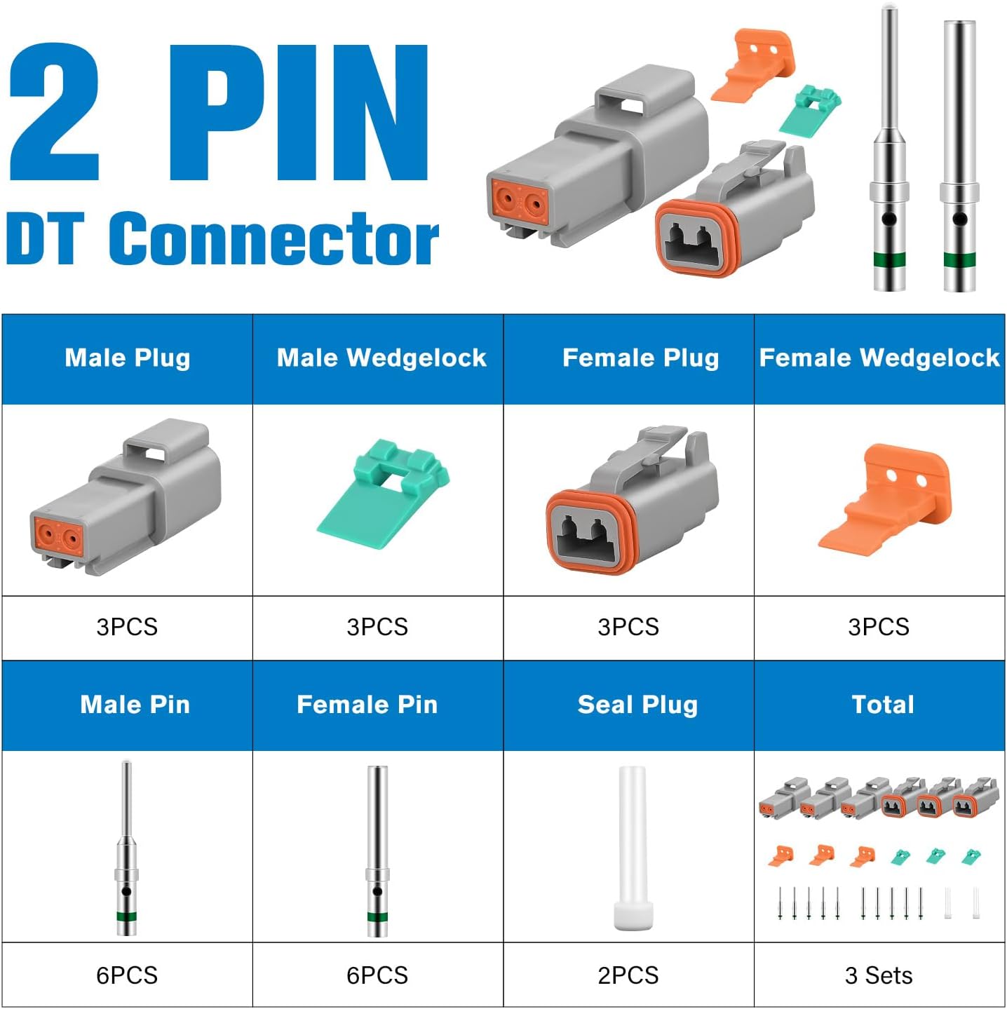 2 PIN DT Connector Kit 3 Sets Size 16 Solid Contacts Waterproof Male Female Terminal for 14-20 AWG DT Series Connector nilight