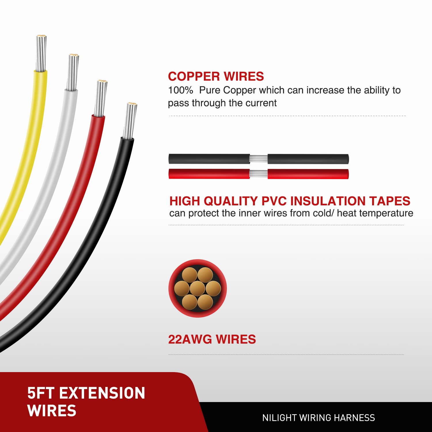 22AWG 5FT Wire Extension Kit For LED Light Bar/Led Pods/LED Work Light Nilight