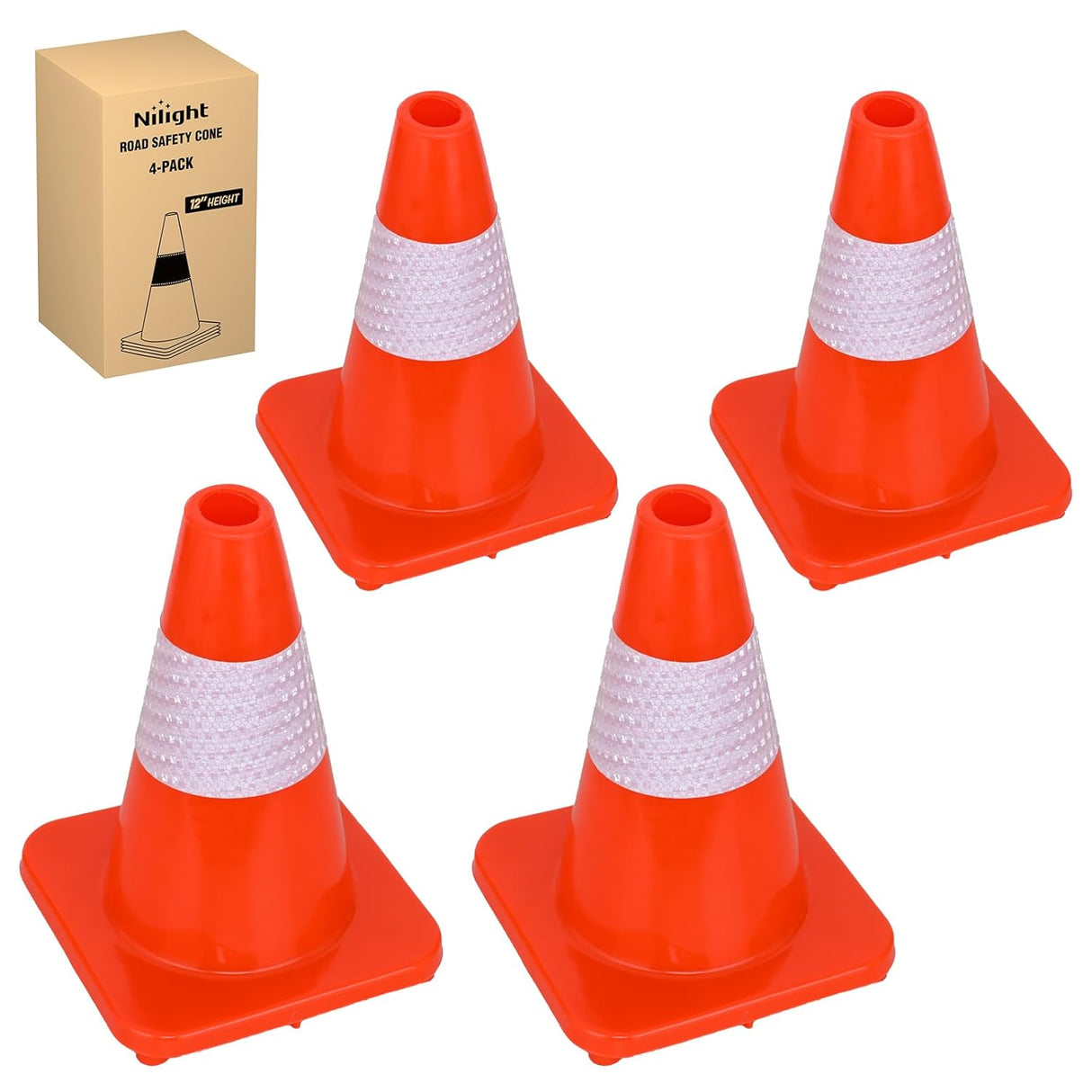 12 inch Traffic Safety Cones, 4  Pack Durable PVC Orange Cones with Reflective Collars for Road Safety, Parking, Construction Work, Sports Training