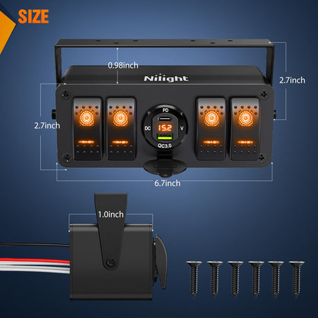 4 Gang Rocker Switch Box 12V SPST ON Off Toggle Switches PD Type C and QC 3.0 USB Sockcet Voltmeter LED Light Waterproof Aluminum Mount Bracket Panel DIY Stickers for Boat Car RV Truck