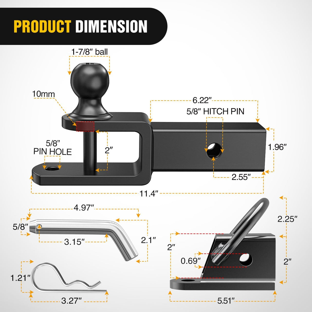 3 in 1 ATV UTV Multi Hitch Mount with 2 Inch Receiver 1-7/8 inch Ball Hitch Rated 2000 LBS Winch Strap Loop Rated 5000 LBS