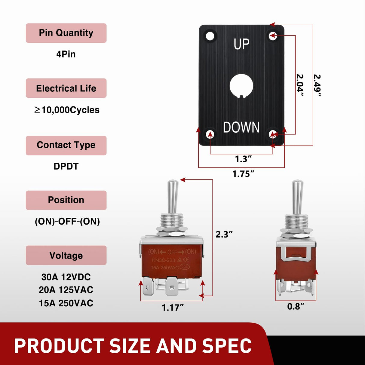 Reverse Polarity Toggle Switch Heavy Duty Momentary Waterproof 4 Pin 3 Position (ON)-Off-(ON) DPDT 12V DC 30A with Up-Down Mounting Panel and Weatherproof Cap for Marine Boat Automotive