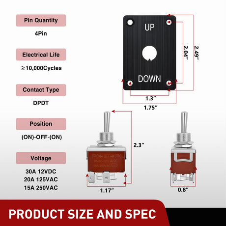 Reverse Polarity Toggle Switch Heavy Duty Momentary Waterproof 4 Pin 3 Position (ON)-Off-(ON) DPDT 12V DC 30A with Up-Down Mounting Panel and Weatherproof Cap for Marine Boat Automotive