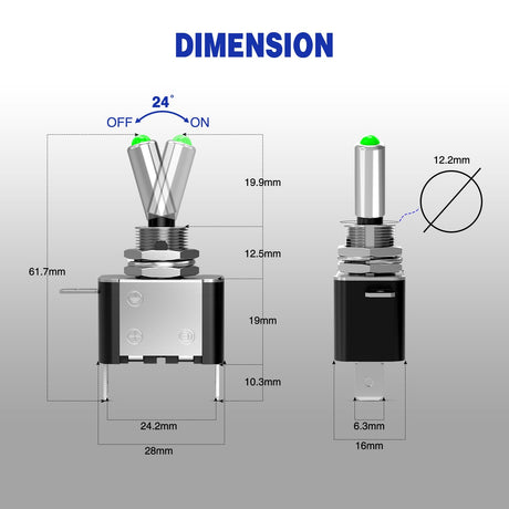 3PCS Green LED Toggle Switches 12V 20A 3 Pin 2 Position ON Off SPST Heavy Duty Rocker Switch for Auto Car Marine RV Vehicles Truck Boat Dash