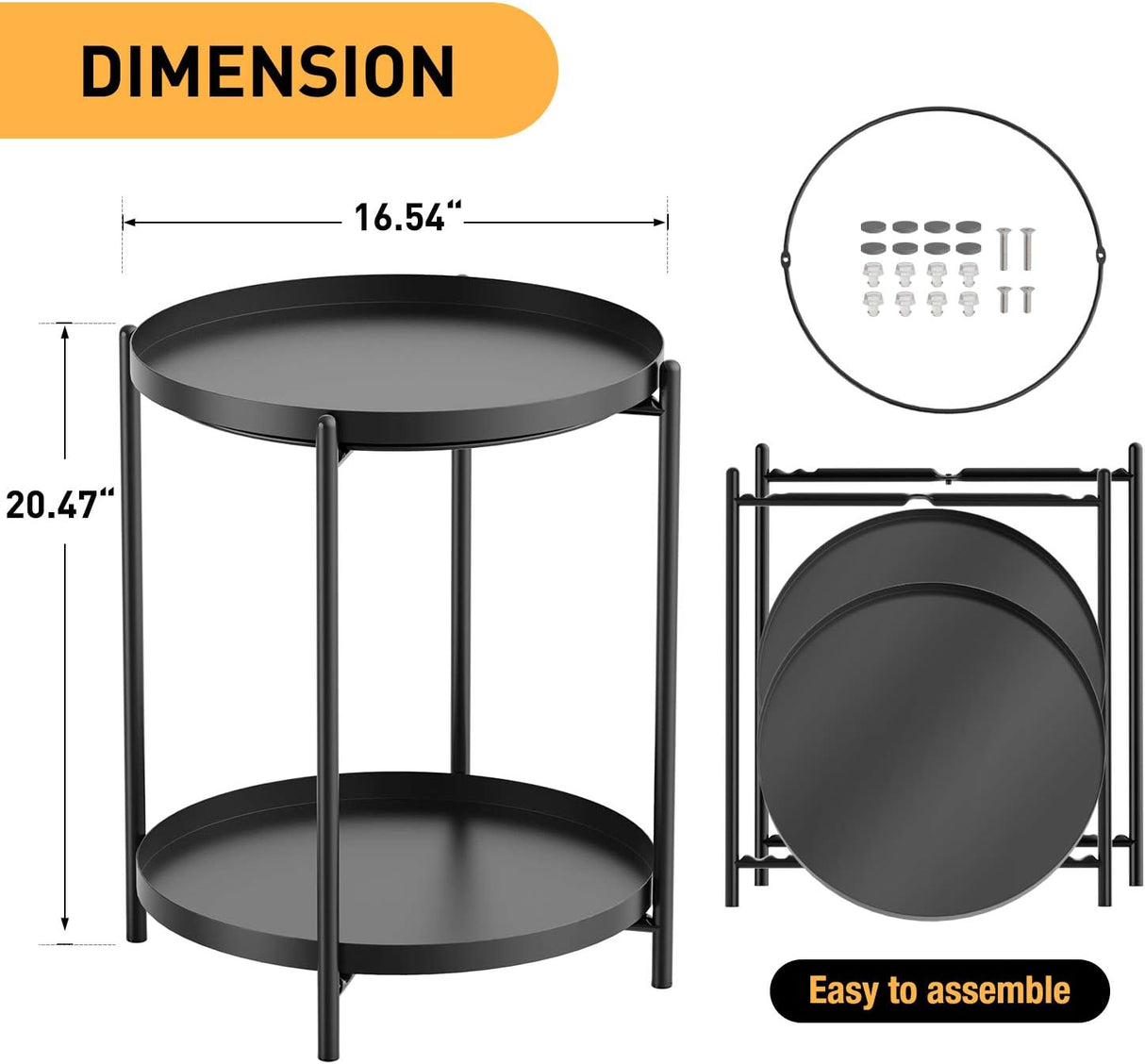 Tables Side Table, End Table Metal Small Table Indoor Outdoor & Snack Bedside Table Sofa Side Snack Table Accent Coffee Table Living Room Bedroom Balcony 2 Layer (Black)