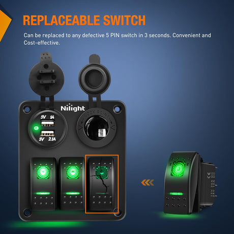 3Pcs 5Pin SPST On/Off Rocker Switch Green Nilight
