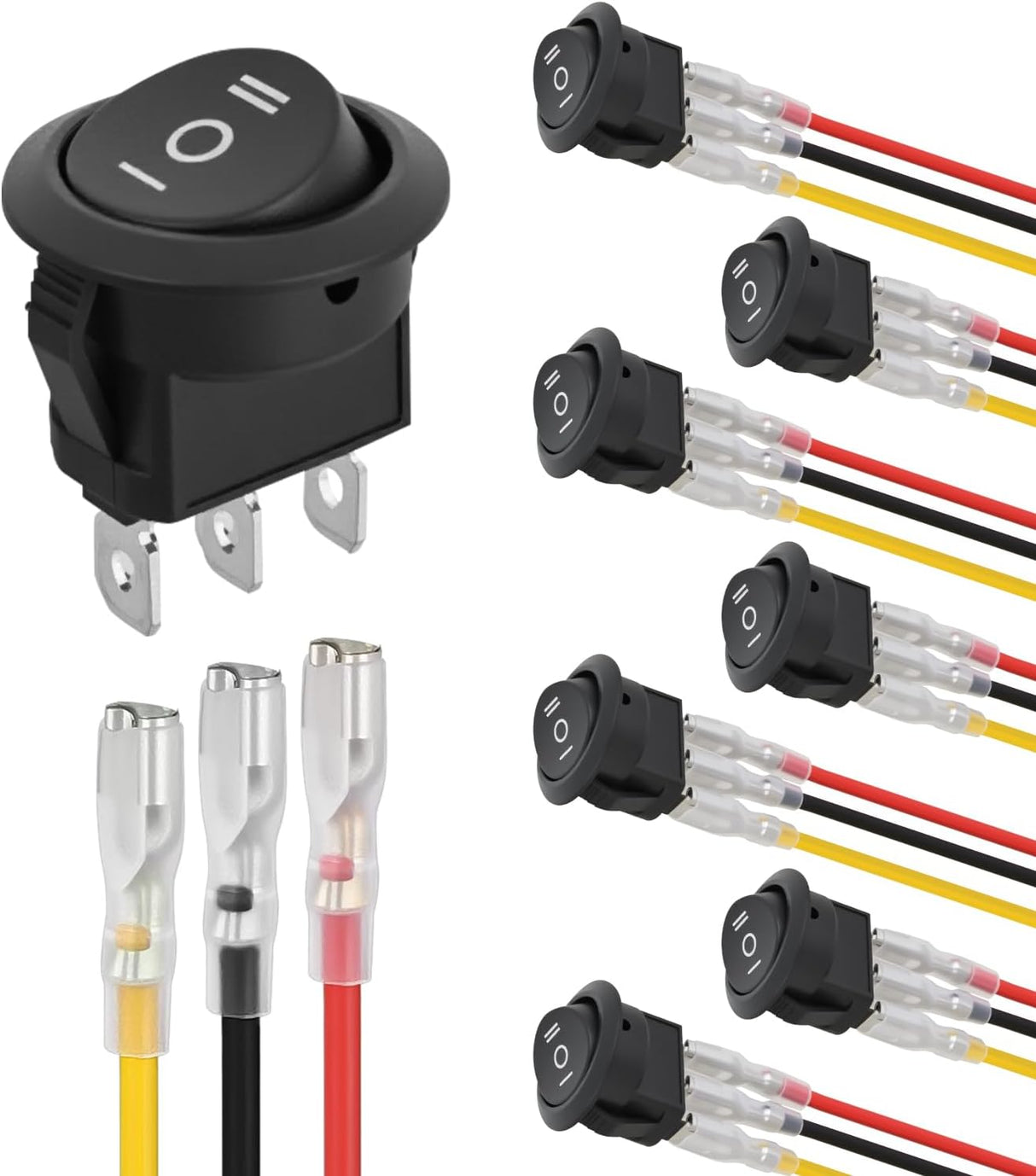 8PCS 3 Way Round Rocker Switch with Wiring Harness SPDT 3 Pin ON Off ON Toggle 6A/250V 10A/125VAC 12V for Car Automotive RV Truck Boat Off-Road Vehicle