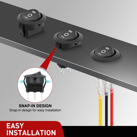 8PCS 3 Way Round Rocker Switch with Wiring Harness SPDT 3 Pin ON Off ON Toggle 6A/250V 10A/125VAC 12V for Car Automotive RV Truck Boat Off-Road Vehicle