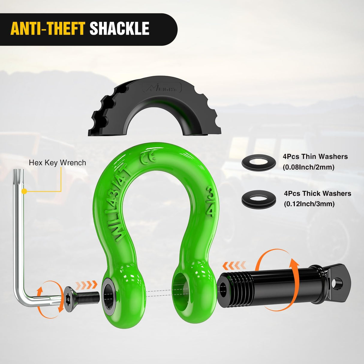 3/4 Inch D Ring Anti-Theft Shackle Tow Hook Jeep Truck SUV ATV UTV | Off Road Recovery Gear 19T 41,887 lbs Break Strength 4.75T WLL Rust-Resistant Anti-Rattle Isolators Heavy Duty Green 2pack