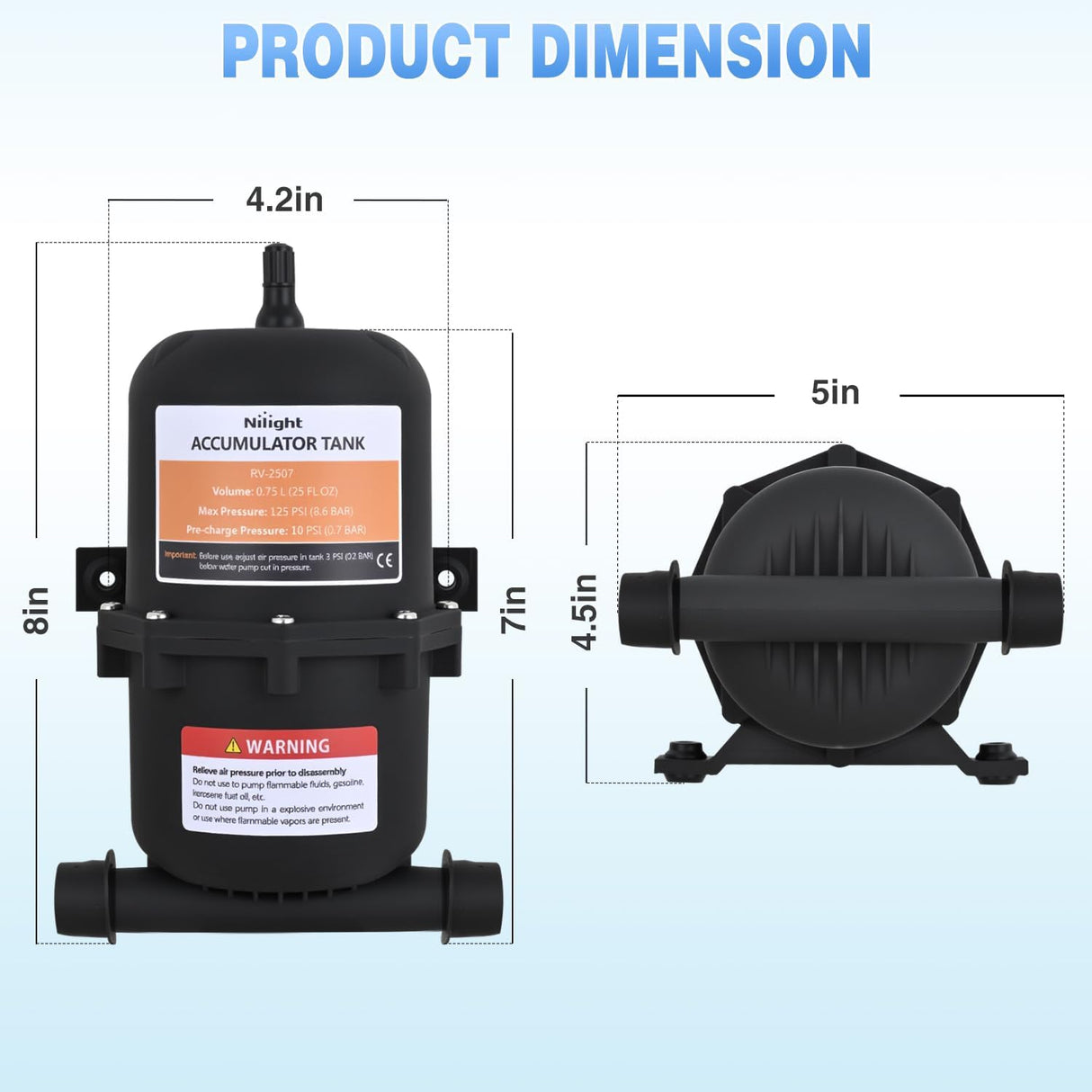 RV Accumulator Tank, 0.75L Max 125PSI Pre-Pressurized Water Accumulator Tank Control Inner Bladder with 1/2 MNPT Port Fitting Use with RV Water Pump Tank System for RV Boat Travel Trailer Home