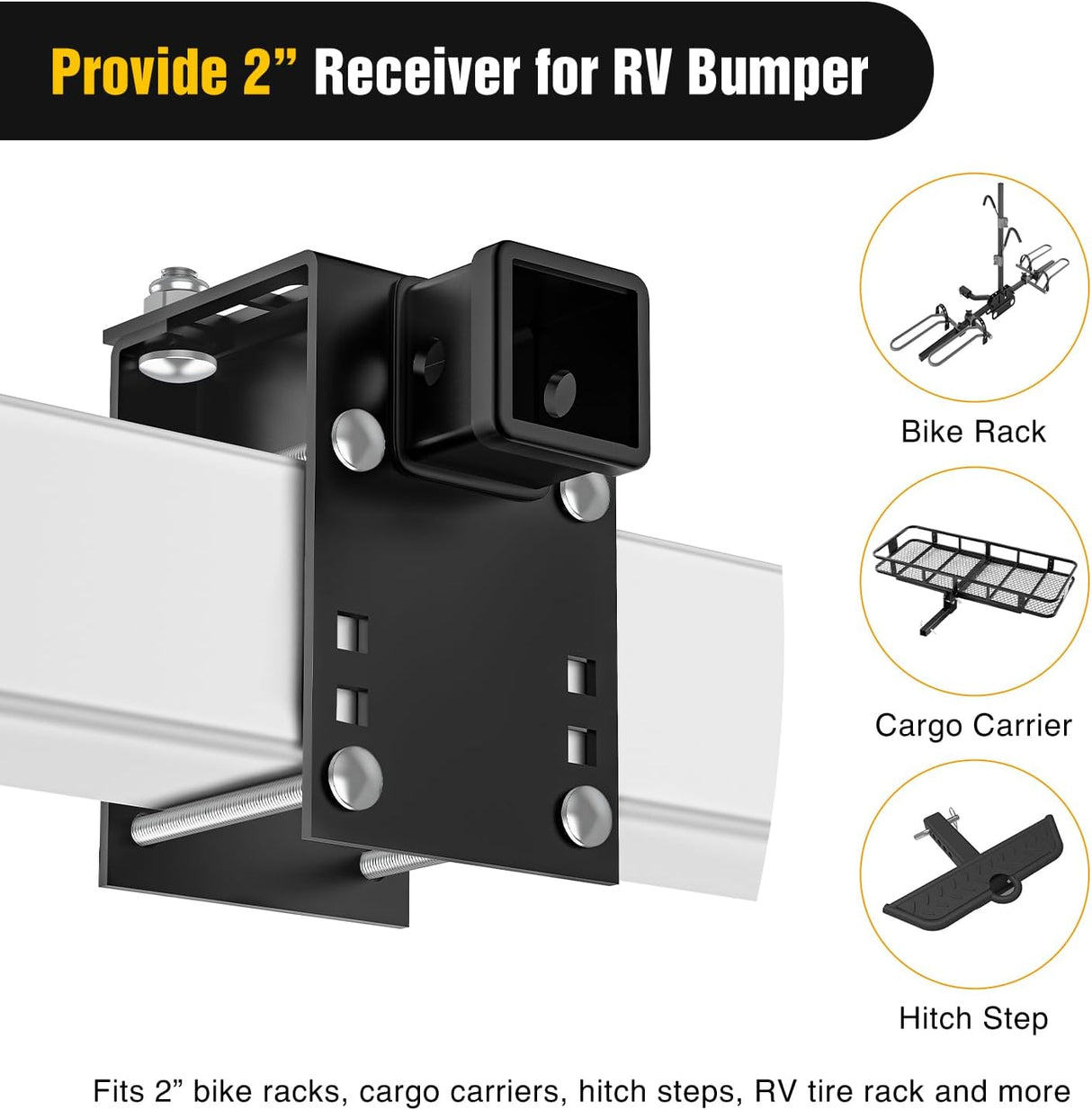 Adjustable RV Bumper Hitch Receiver, Height & Width Adjustable Trailer Hitch Adapter, 2 Inch Receiver for RV Bumper, Heavy Duty Steel RV Hitch for Cargo Carrier, Bike Rack & Trailer Towing