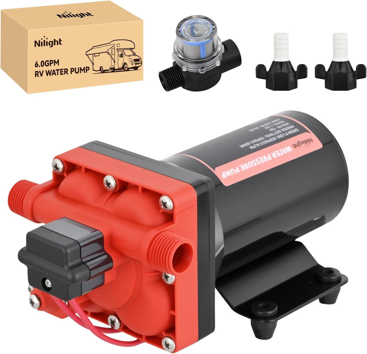 RV Water Pump 12v Diaphragm Pump 6.0 GPM 70 PSI with Pressure Switch & Strainer 12 Volt DC Heavy Duty Camper RV Pump Upgrade Self-Priming Low Noice for RV Marine Yacht Caravan Camper Trailer