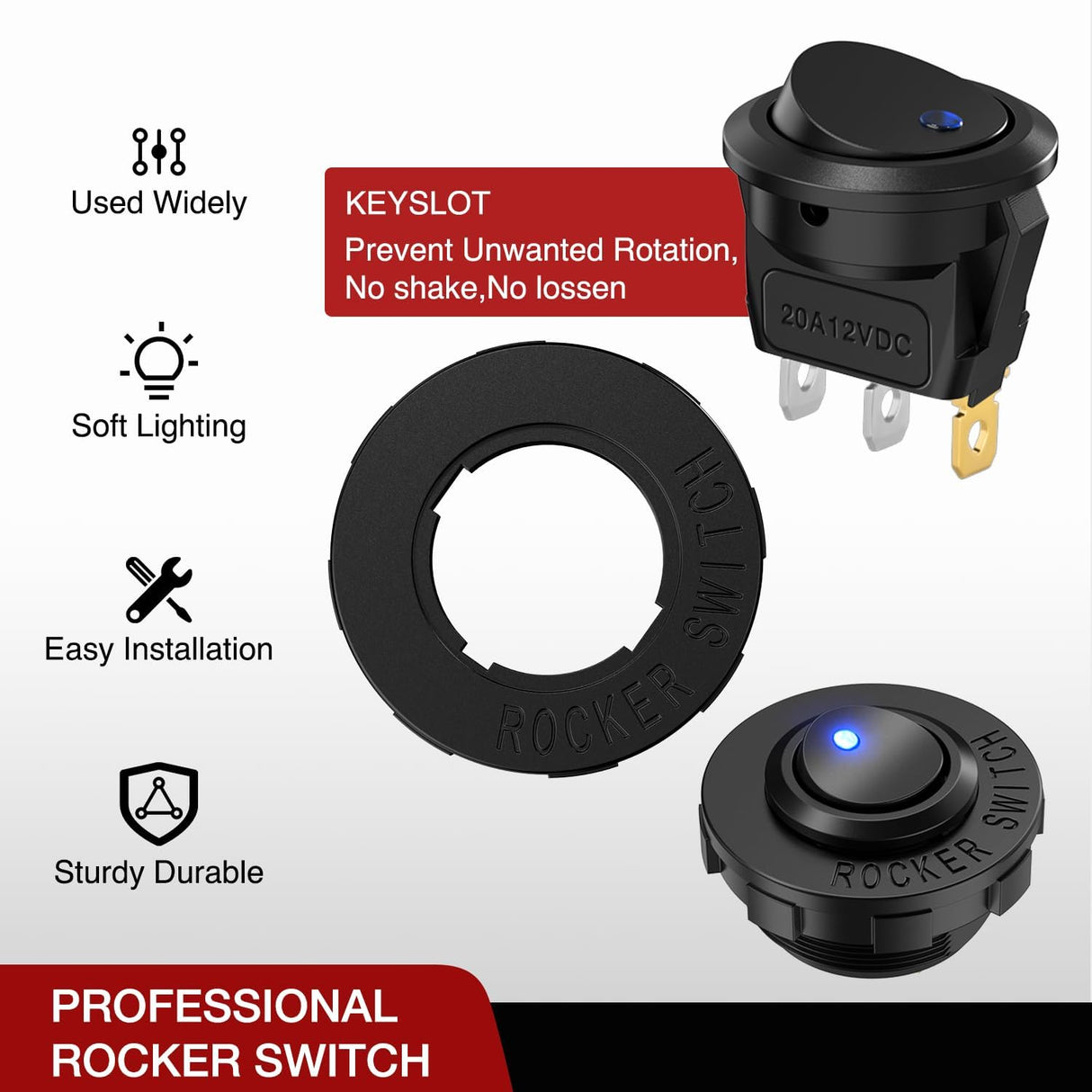 1PC Round Rocker Switch with Shell 12V 24V 20A Blue LED Toggle swtich with 16AWG Wires SPST 3Pin 2 Position for Car Truck Vehicle Boat Marine Rocker On Off Control