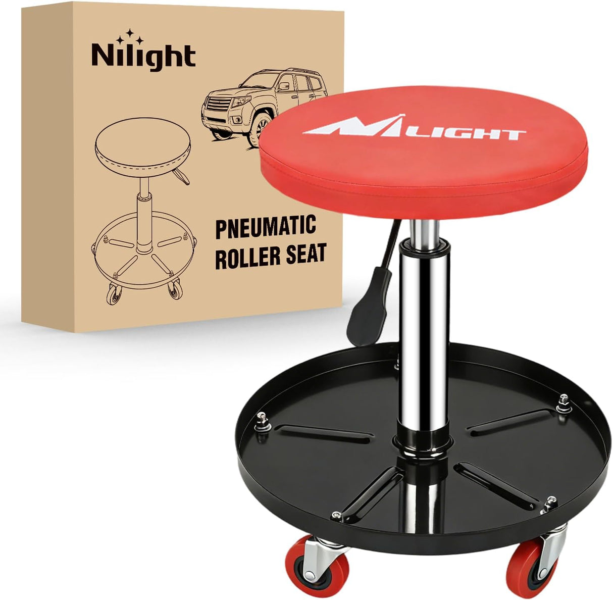 Rolling Mechanic Stool 330LBS Pneumatic Adjustable Swivel PU Seat | 360° Swivel Casters Steel Tool Tray Waterproof Seat for Garage Auto Repair Shop Workshop Warehouse Heavy Duty Workbench Stool