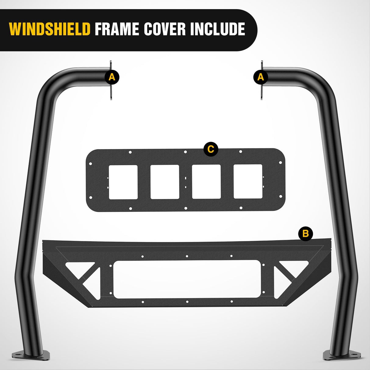 Windshield Frame Cover Light Bracket for 2021 2022 2023 2024 2025 2026 New Ford Bronco 2/4 Door Accessories Roof Sun Visor Cowl Body Armor with 4 x LED Lights Black