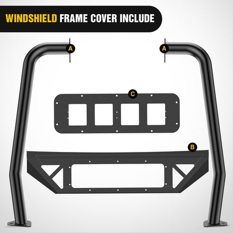 Windshield Frame Cover Light Bracket for 2021 2022 2023 2024 2025 2026 New Ford Bronco 2/4 Door Accessories Roof Sun Visor Cowl Body Armor with 4 x LED Lights Black